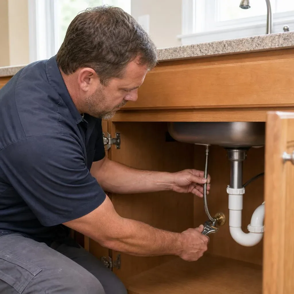 Conceptual service photo of a plumber repairing a connected kitchen-sink water supply line beneath an open cabinet.