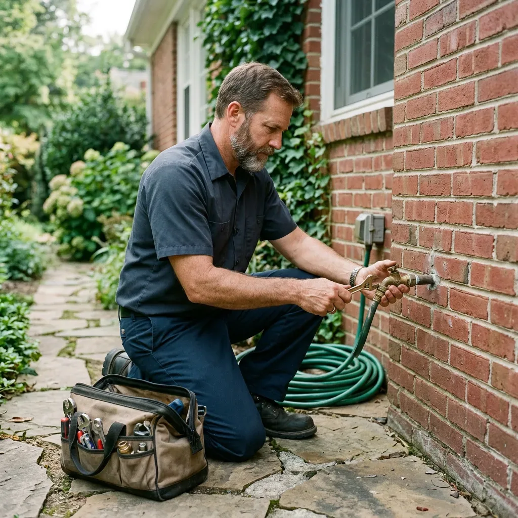 Technician inspecting an outdoor hose faucet in a charcoal button-front work shirt