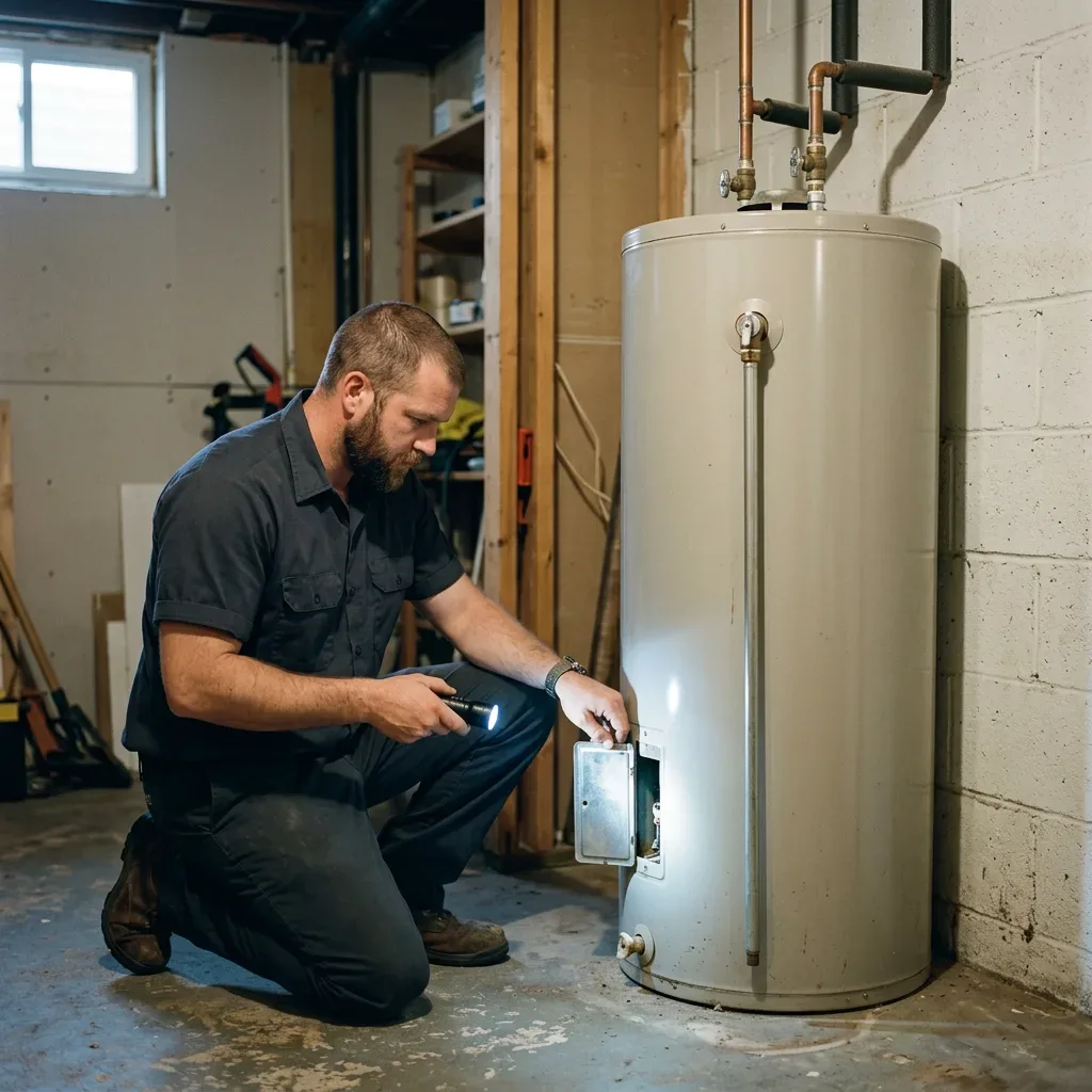 Technician inspecting an exterior water-heater access panel in a charcoal button-front work shirt
