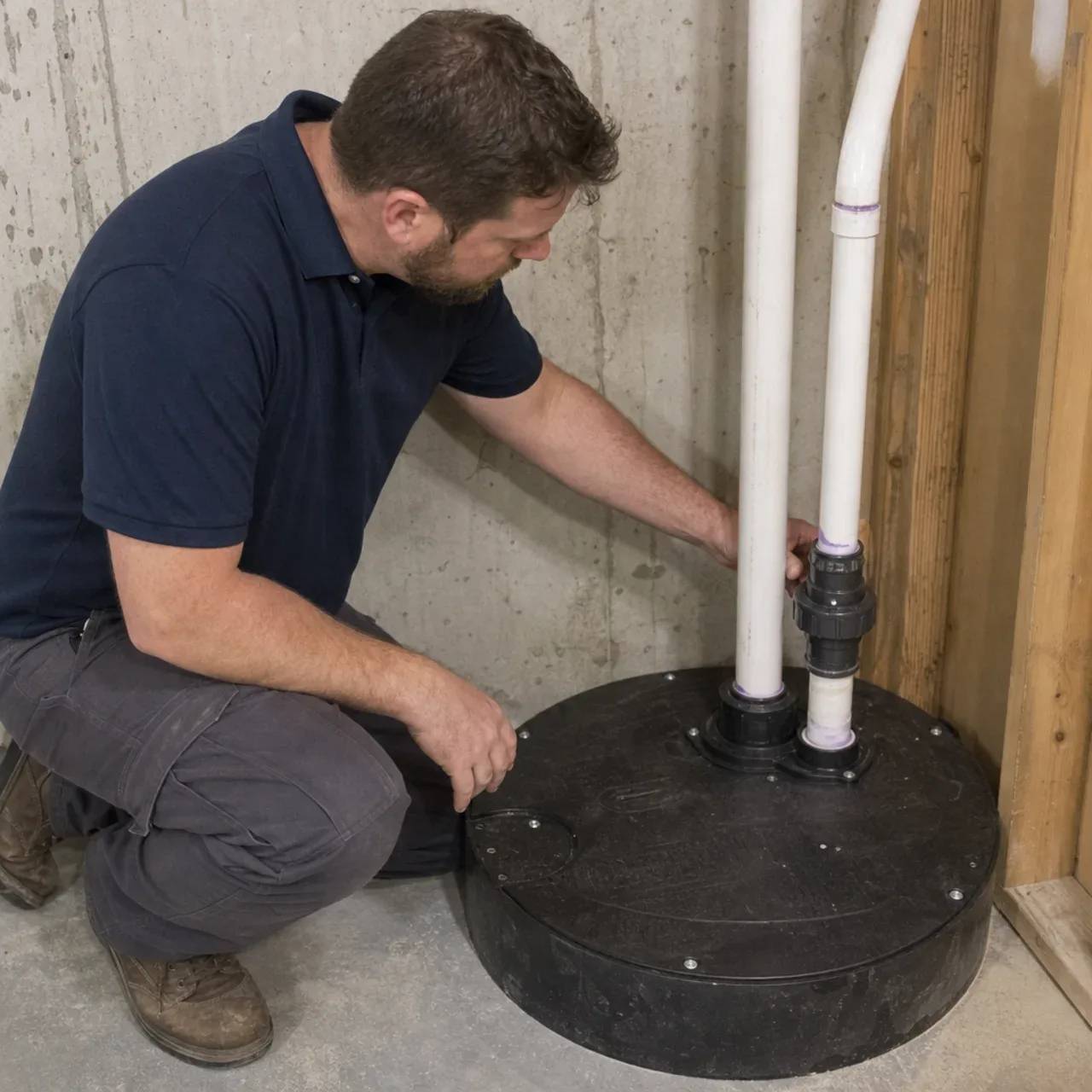 Plumber inspecting a basement pump basin