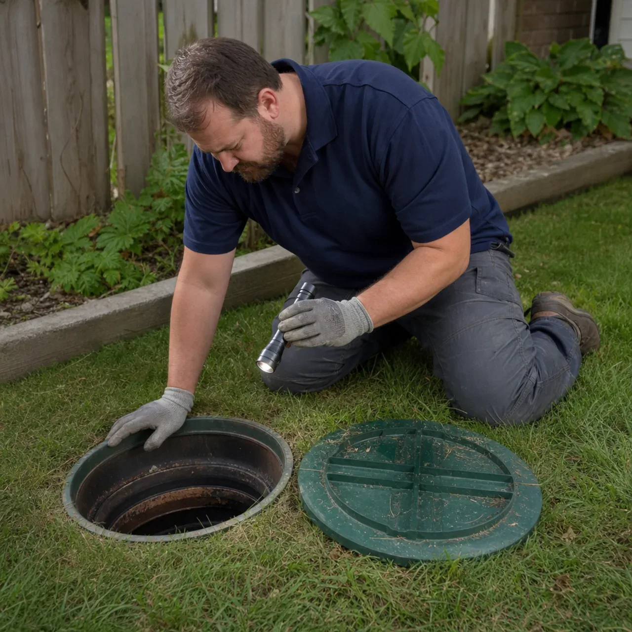 Plumber inspecting a septic access riser from outside
