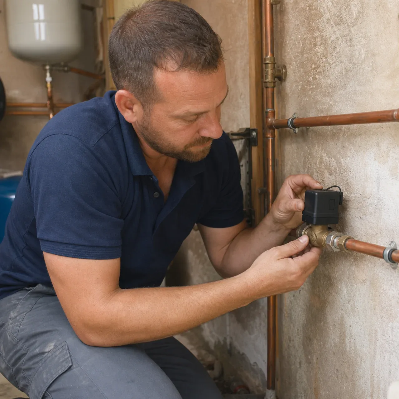 Plumber checking a motorized water shutoff valve
