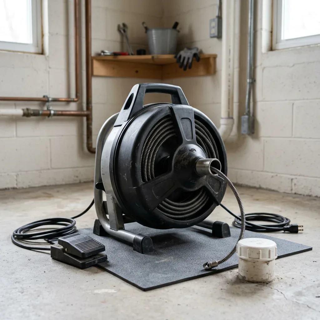 Drain snake and cutting head beside a pipe fitting, with no person visible.