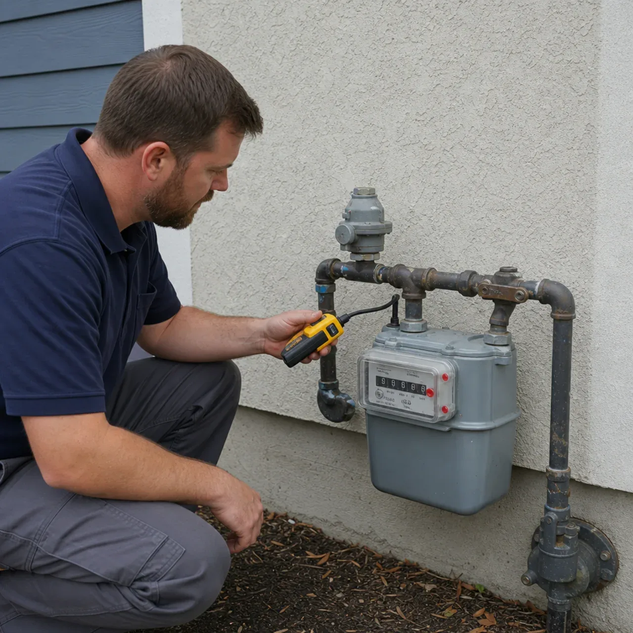 Plumber checking gas-meter connections with a detector