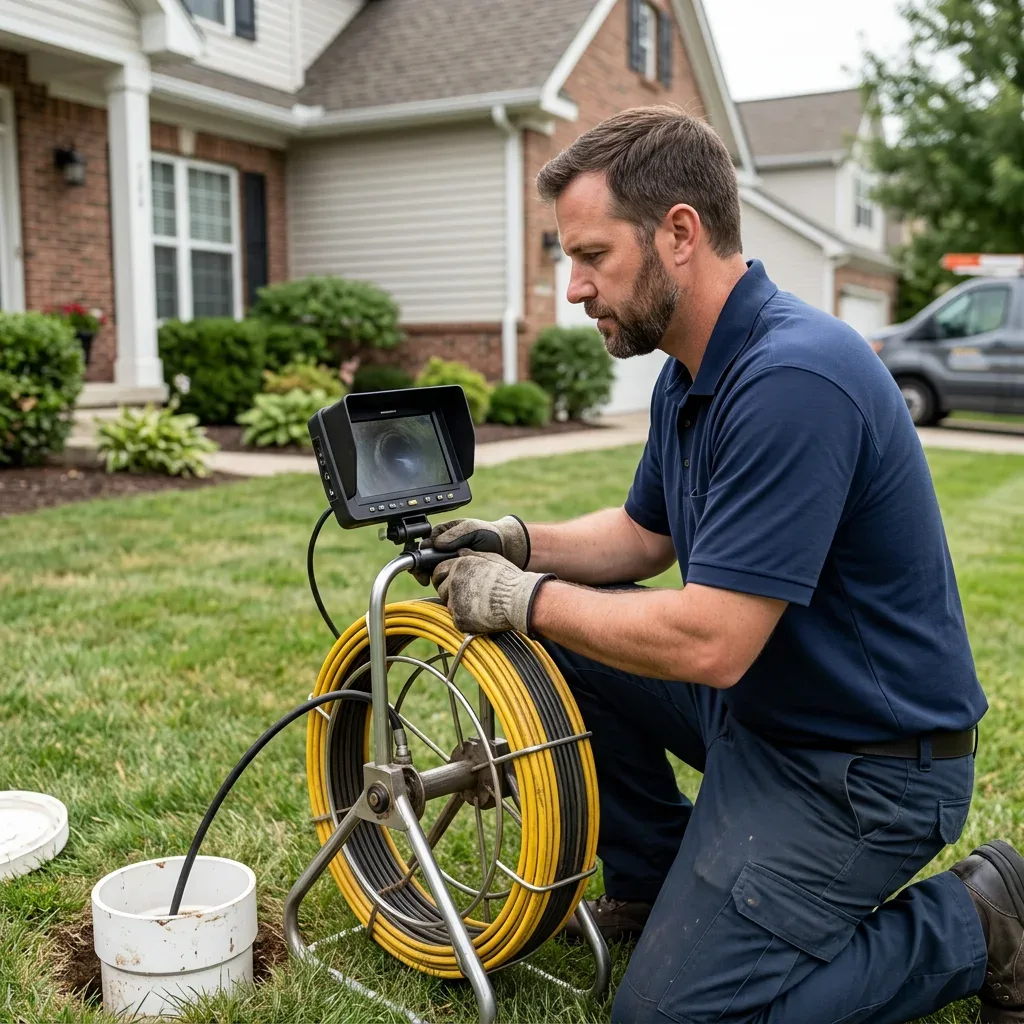 Plumber using a sewer inspection camera at a cleanout