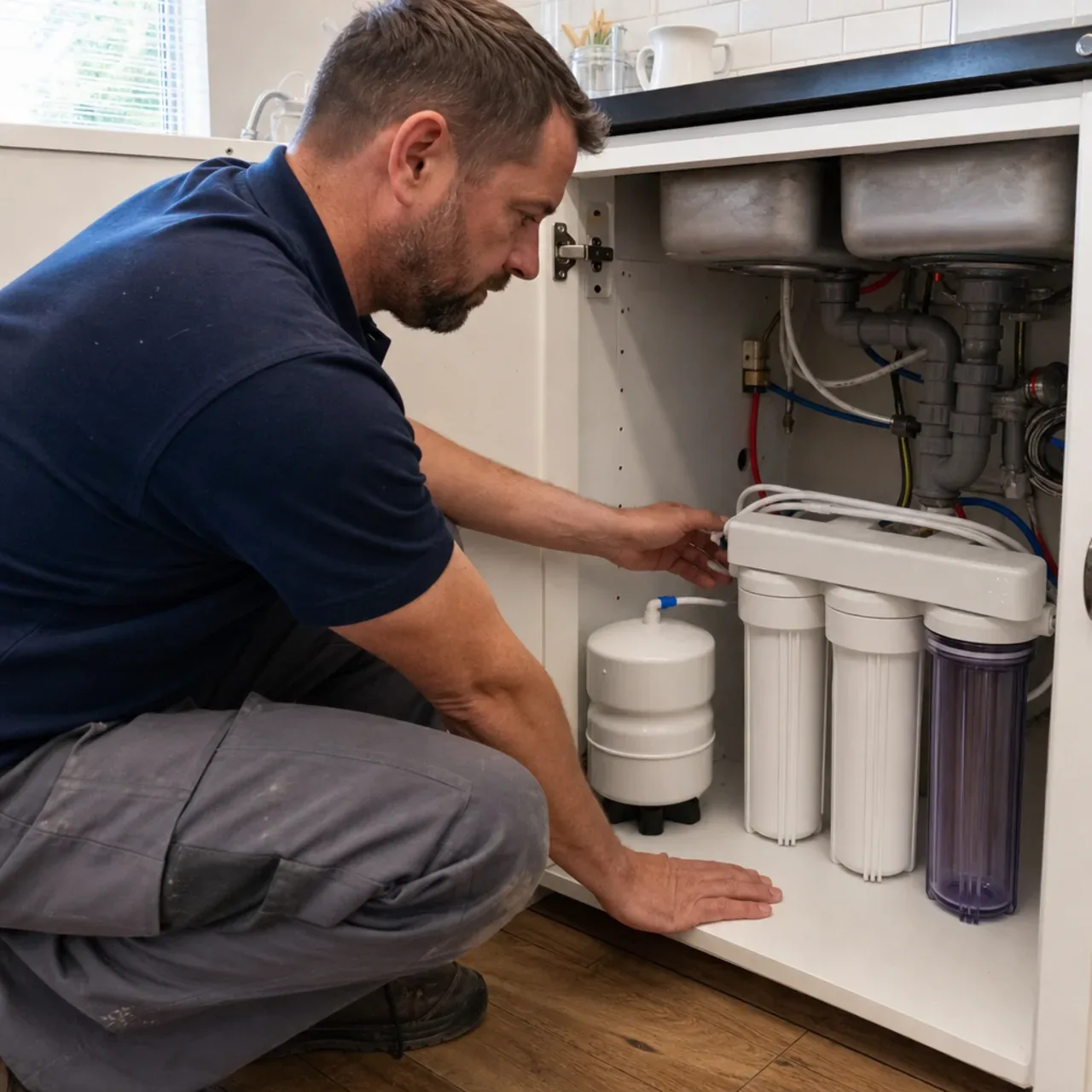 Plumber checking an under-sink reverse-osmosis system