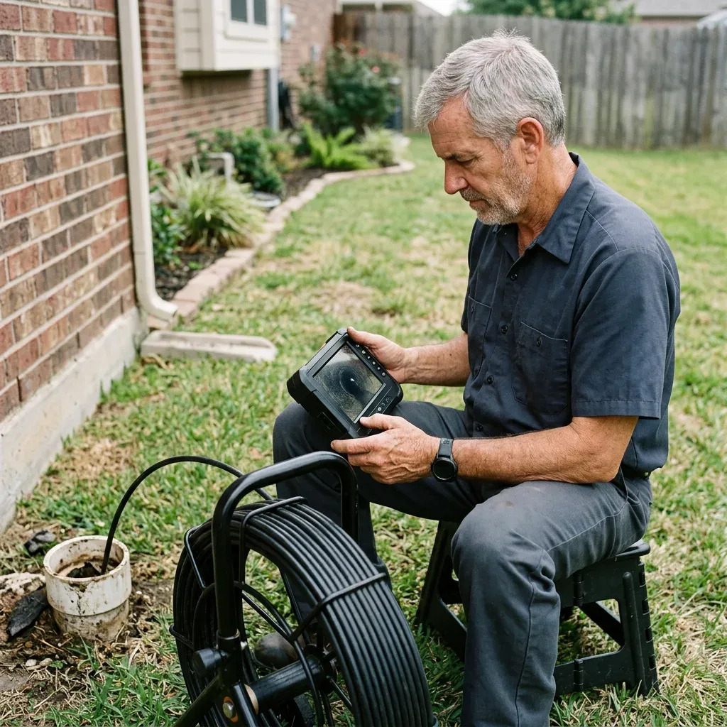 Technician reviewing a sewer inspection camera monitor in a charcoal button-front work shirt