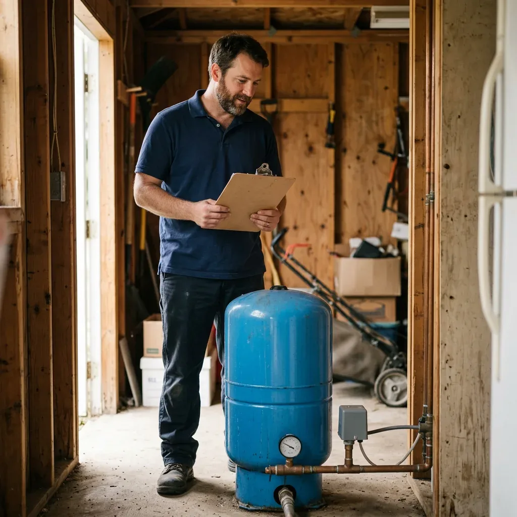 Plumber inspecting a well-system pressure tank