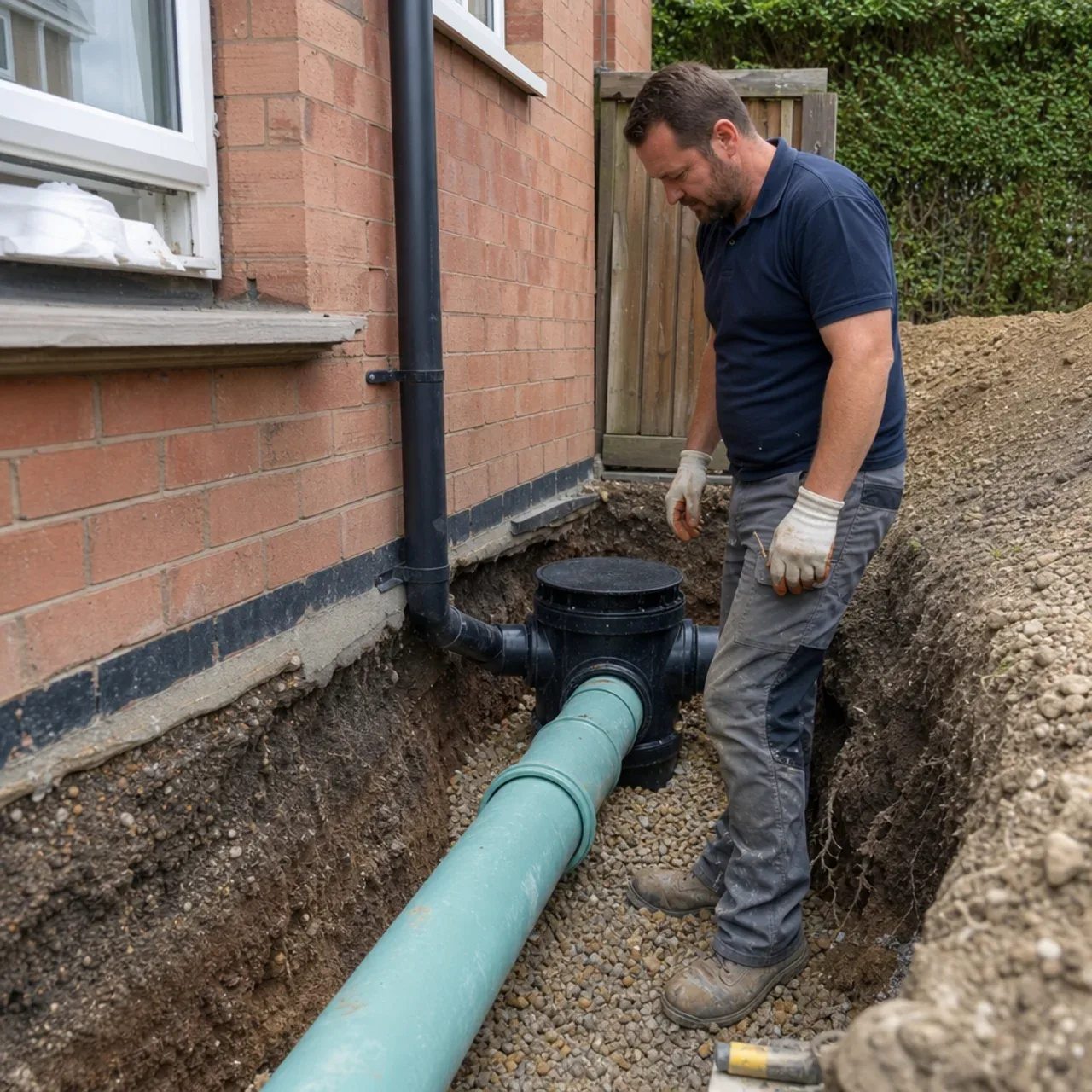 Plumber checking a residential sewer pipe excavation