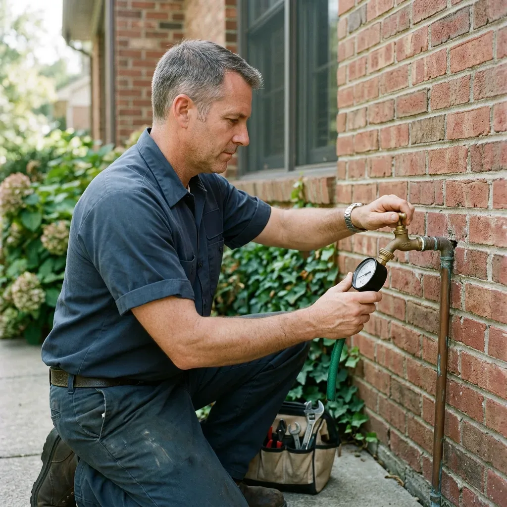 Technician checking household water pressure in a charcoal button-front work shirt