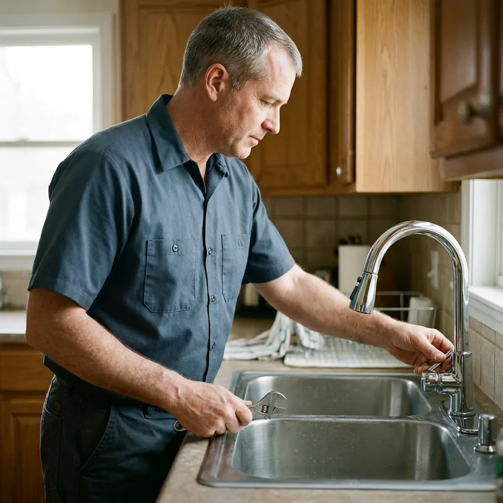 Technician checking a kitchen faucet in a charcoal button-front work shirt