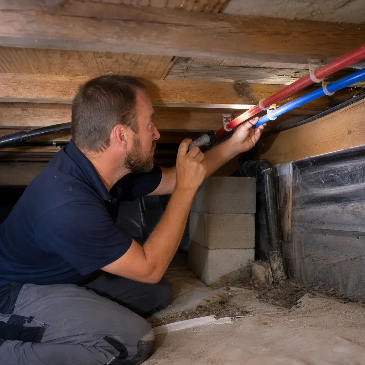 Plumber checking supported water lines in a crawlspace