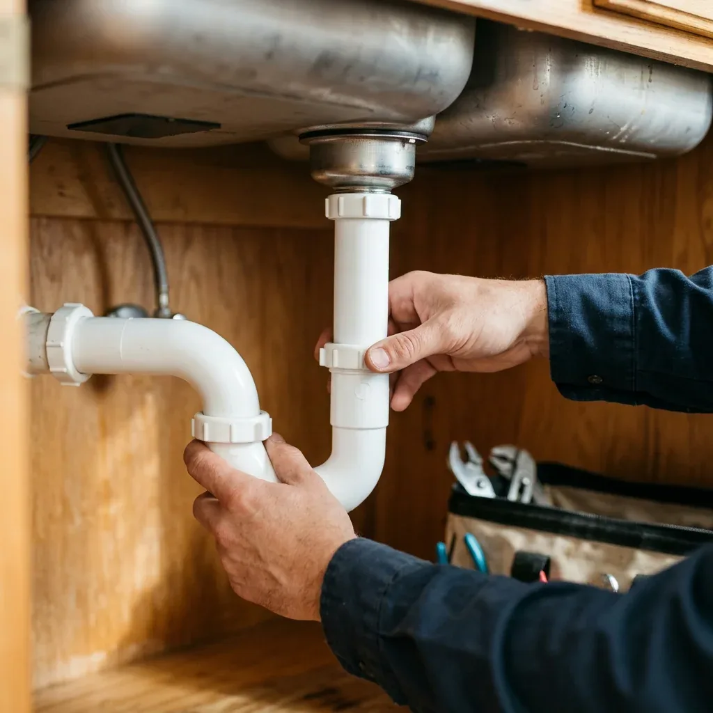 Conceptual service photo of navy-shirted arms tightening a correctly connected sink drain.