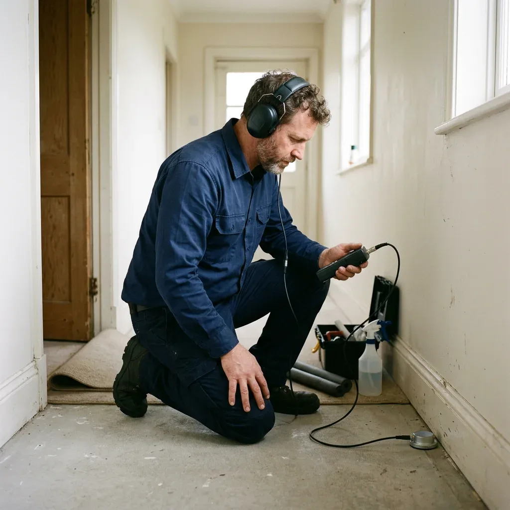 Plumber using leak-detection equipment at floor level