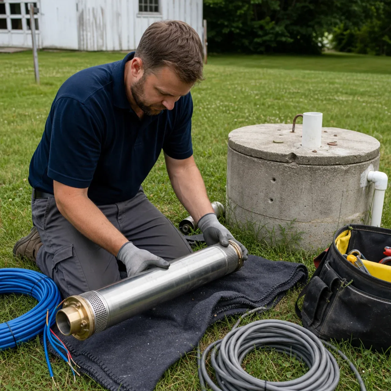Plumber inspecting a submersible pump beside a wellhead