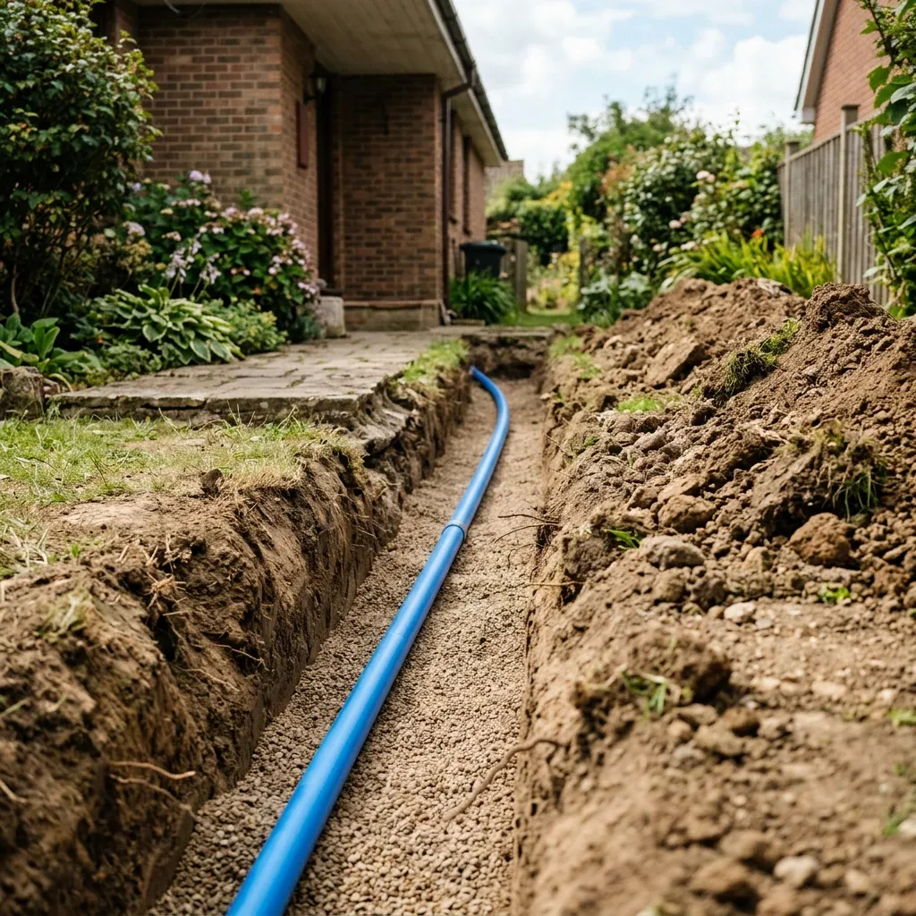 Blue water-service pipe on trench bedding