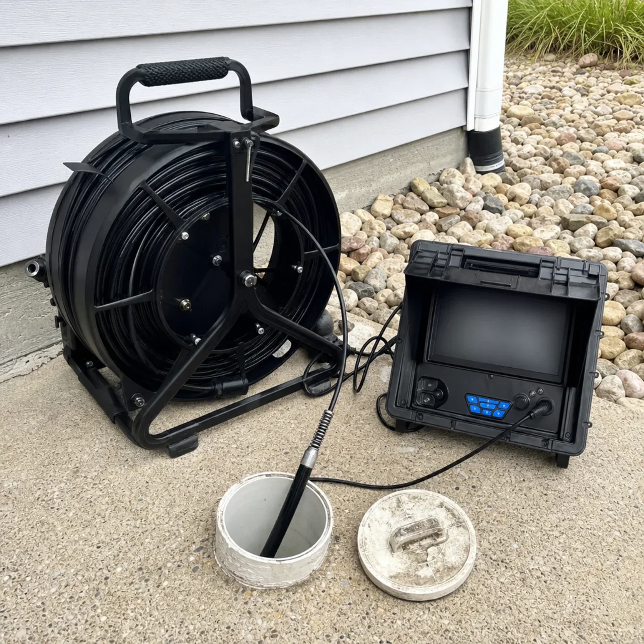 Sewer inspection camera reel and portable monitor