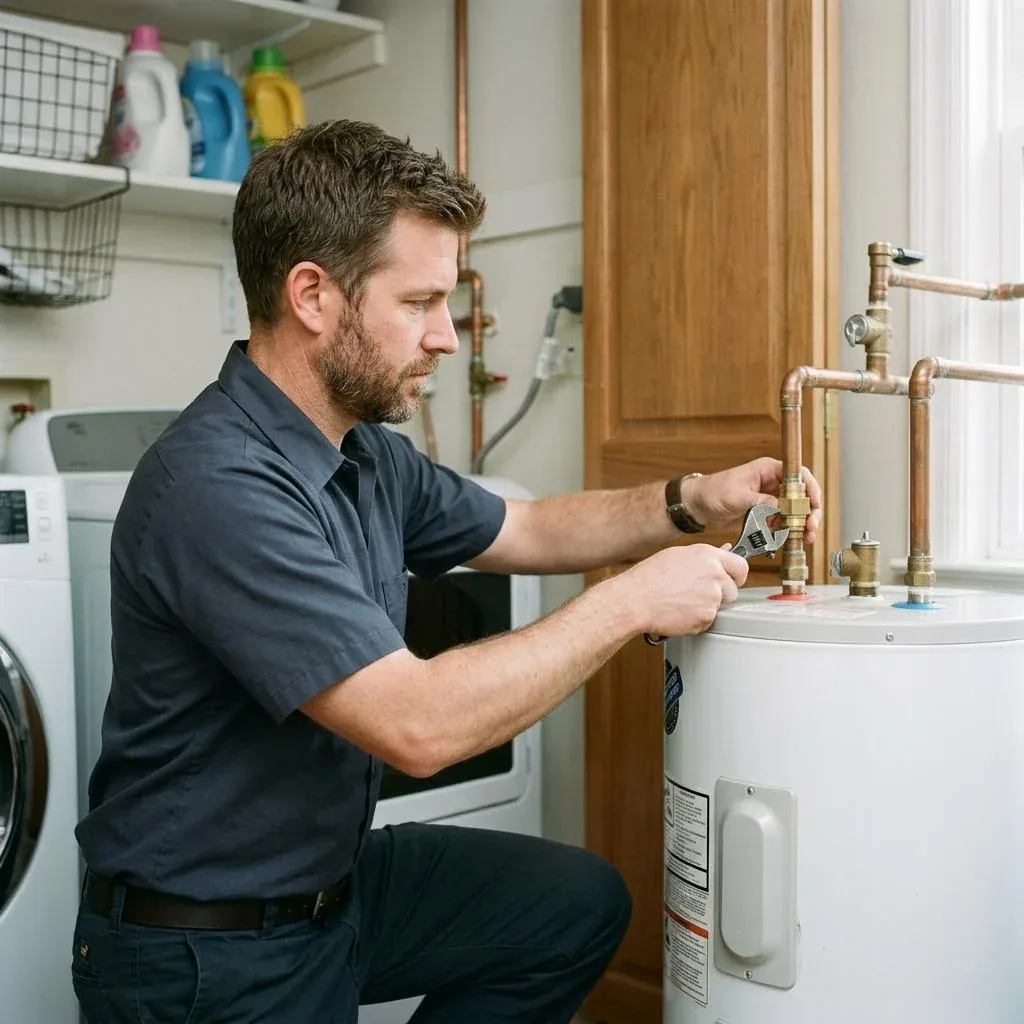 Conceptual service photo of a navy-shirted plumber working on a residential water heater.