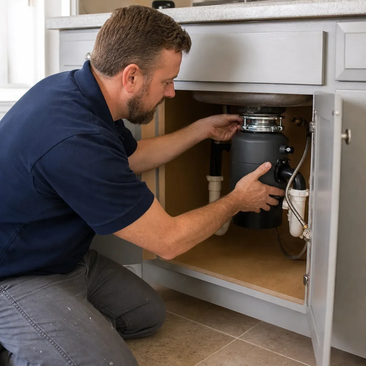 Plumber checking a kitchen garbage disposal mounting collar
