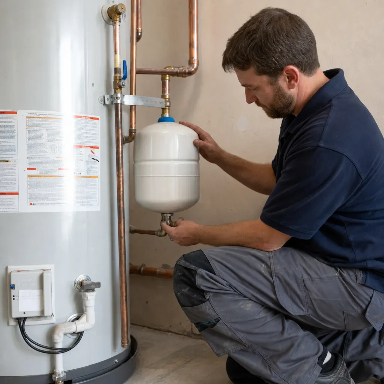 Plumber inspecting a water-heater expansion tank