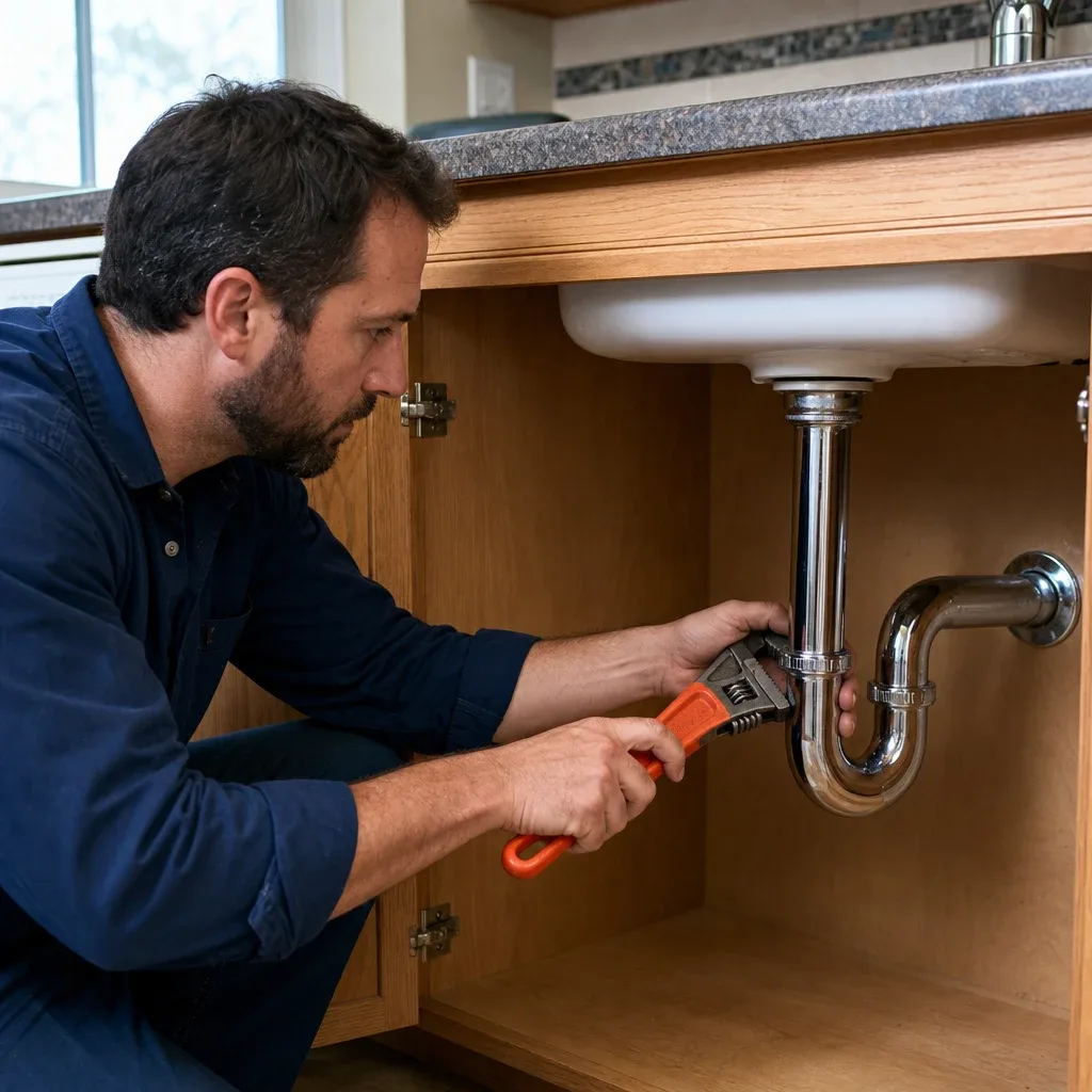 Conceptual service photo of a plumber tightening a connected chrome P-trap compression nut beneath a sink with a full-size orange-handled wrench.