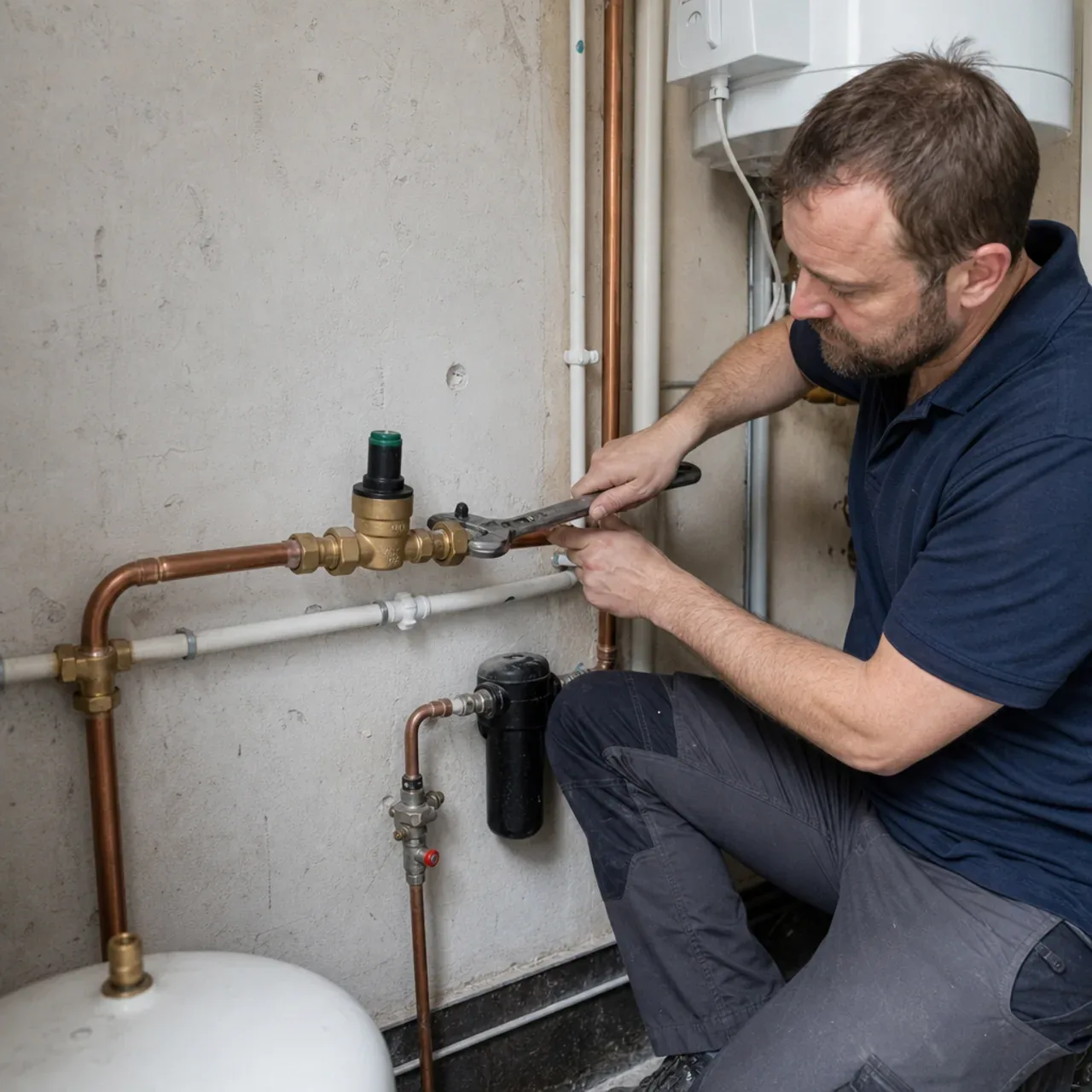 Plumber checking a household pressure-reducing valve
