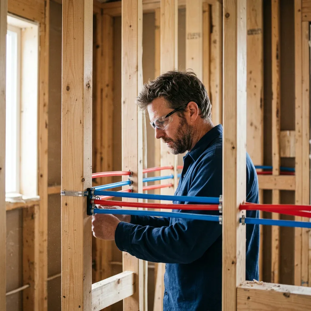 Plumber inspecting supply tubing in open residential framing