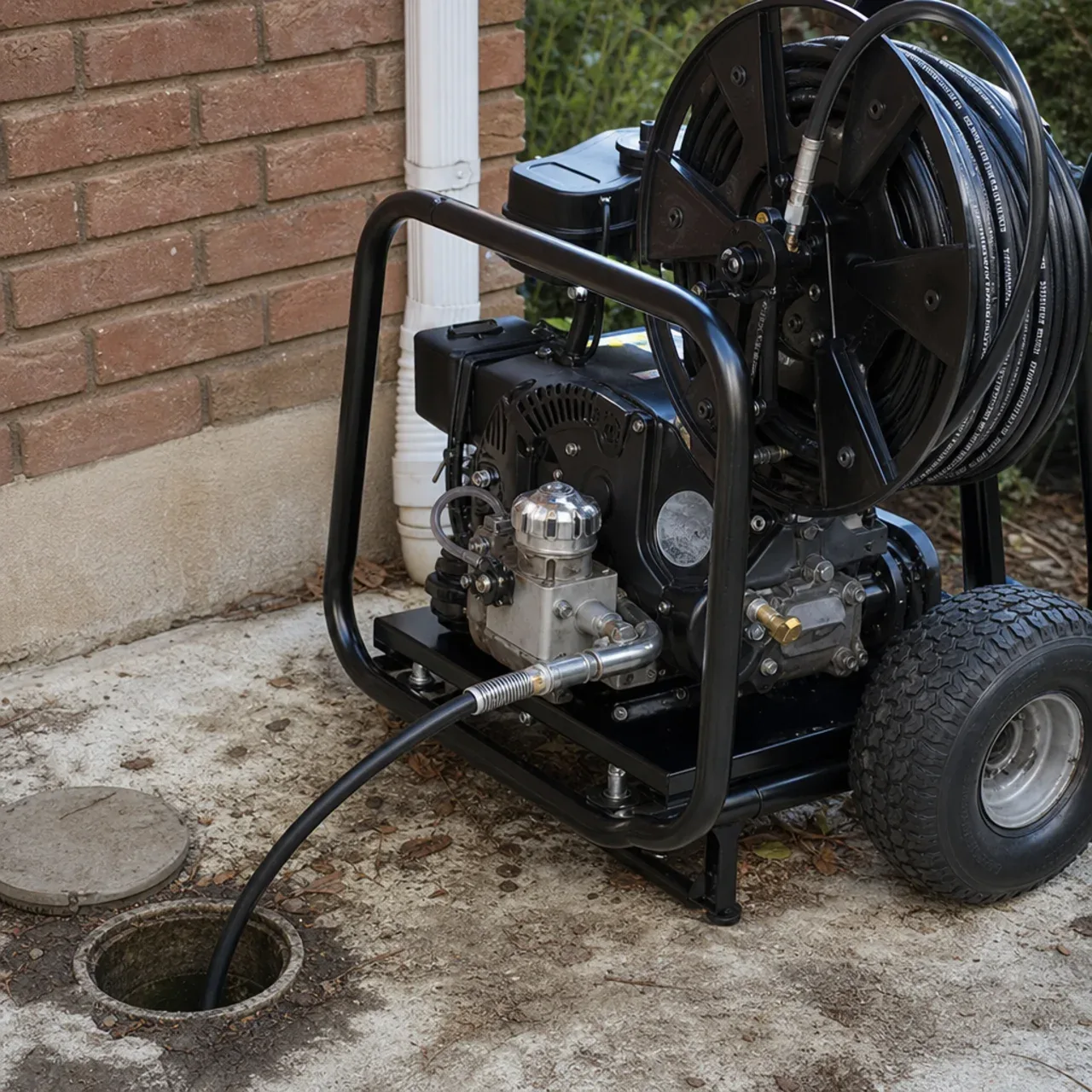Hydrojetting pump and hose reel