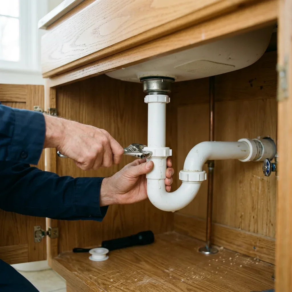 Conceptual service photo of a technician adjusting the connected drain beneath a light-oak vanity.