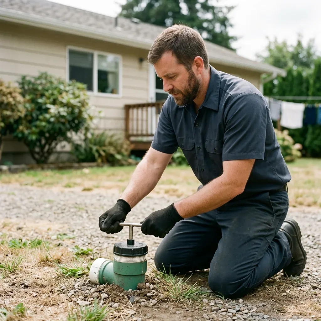 Technician checking a residential sewer cleanout in a charcoal button-front work shirt
