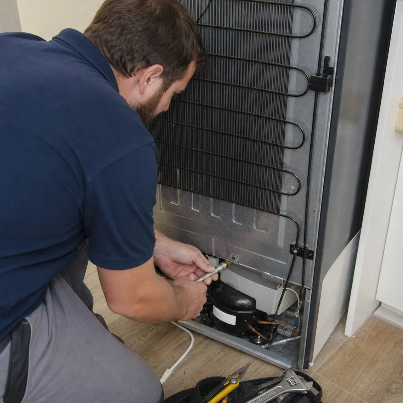 Plumber connecting a refrigerator water supply