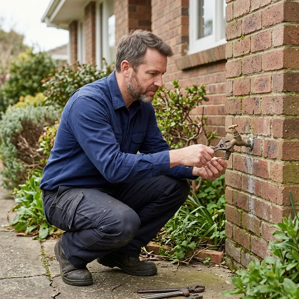 Plumber inspecting an exterior hose faucet