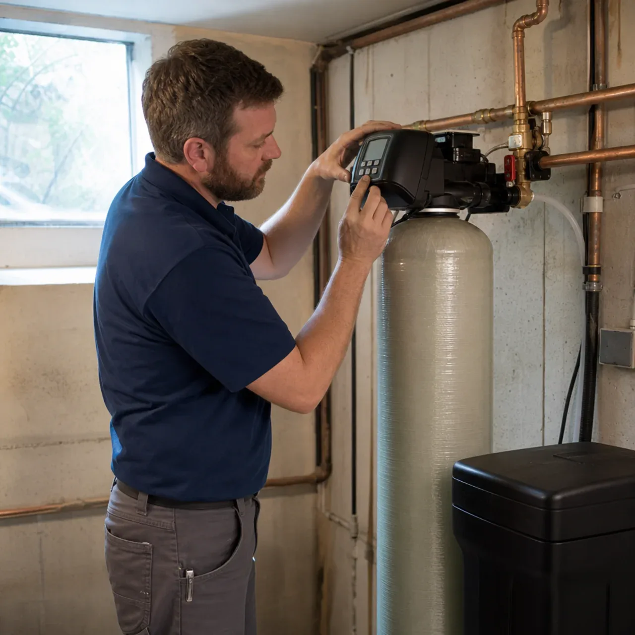Plumber inspecting a household water softener