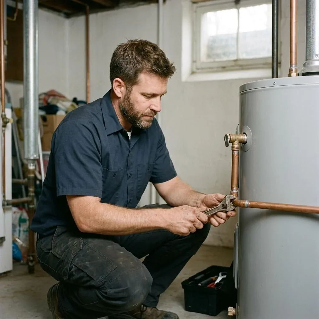 Conceptual service photo of a technician working carefully on a residential tank-style water heater.