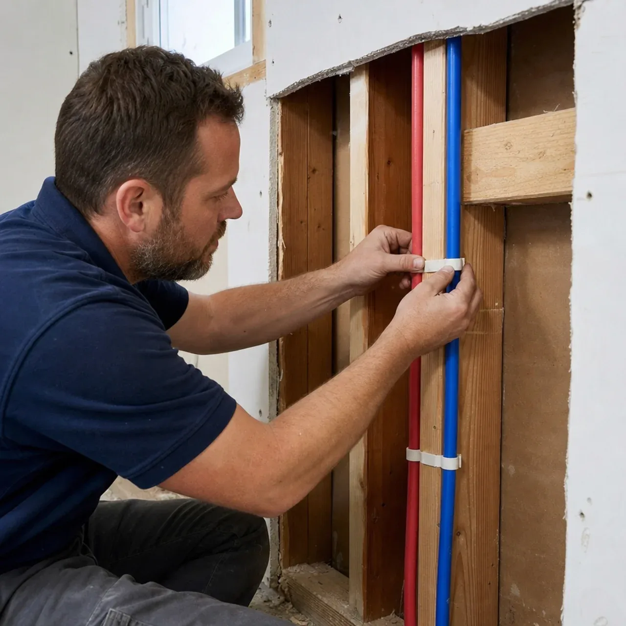 Technician securing red and blue PEX water supply lines inside an opened wall