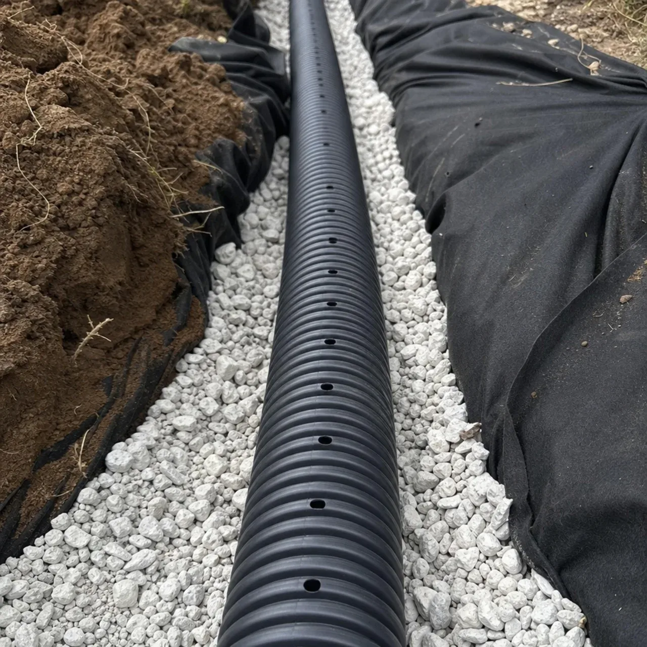 Perforated drain pipe, gravel and geotextile lining