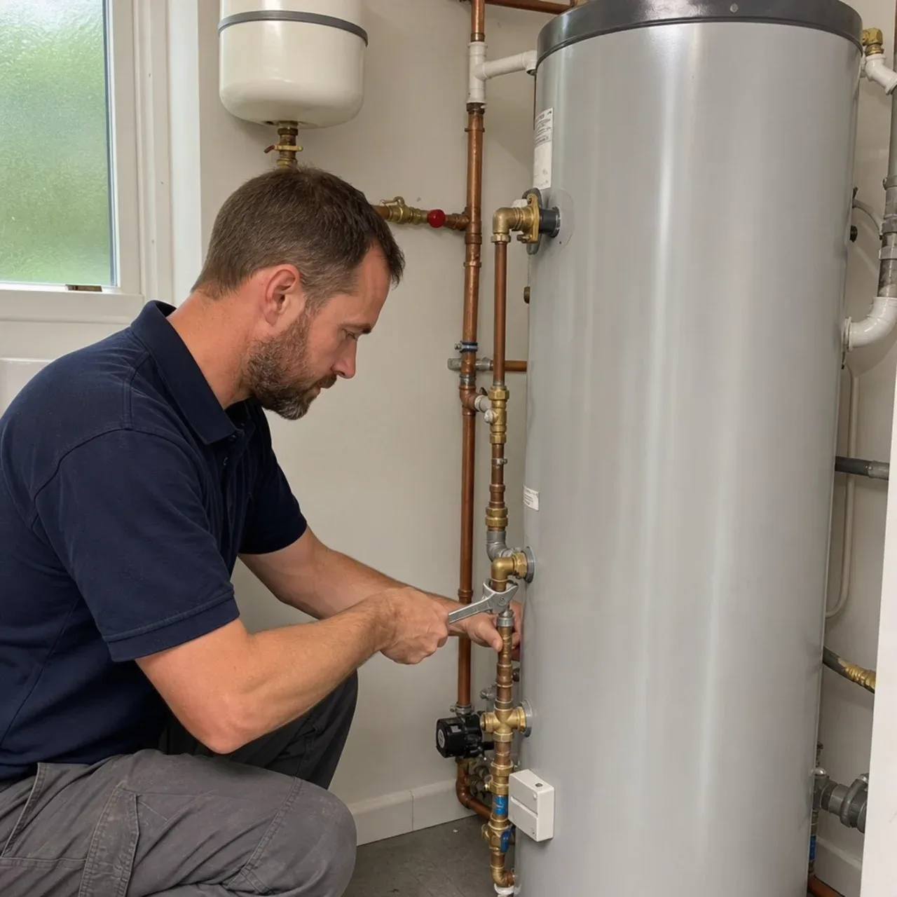 Plumber checking residential water-heater connections