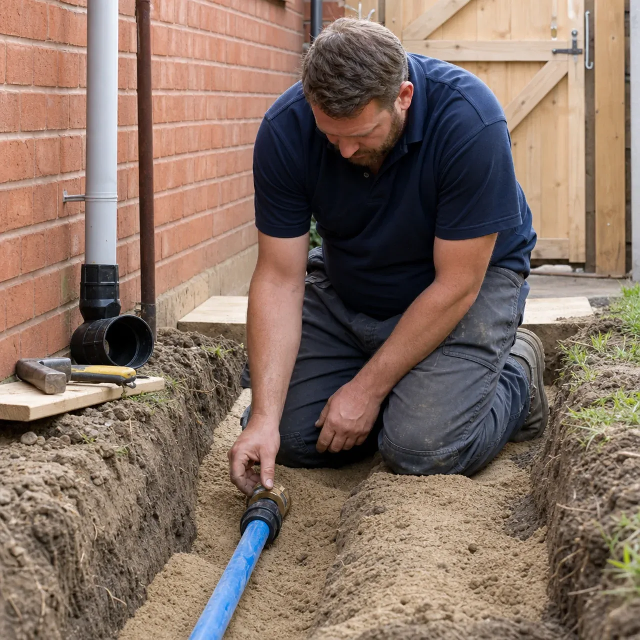 Plumber checking a residential water-service trench