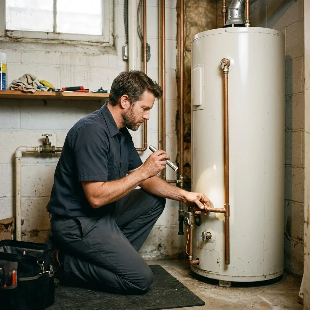 Conceptual service photo of a plumber inspecting and servicing a residential tank-style water heater in a utility room.