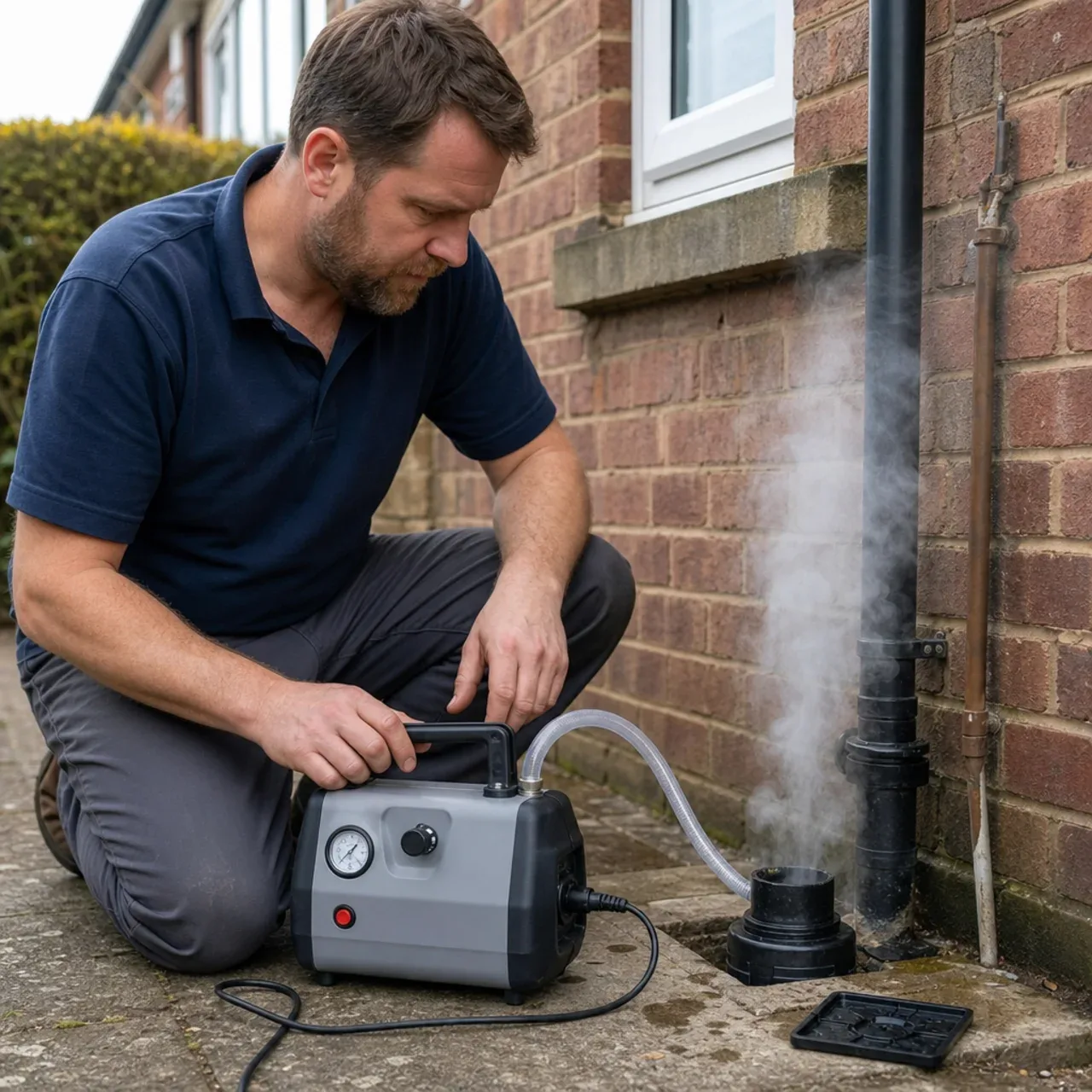 Plumber operating sewer smoke-testing equipment