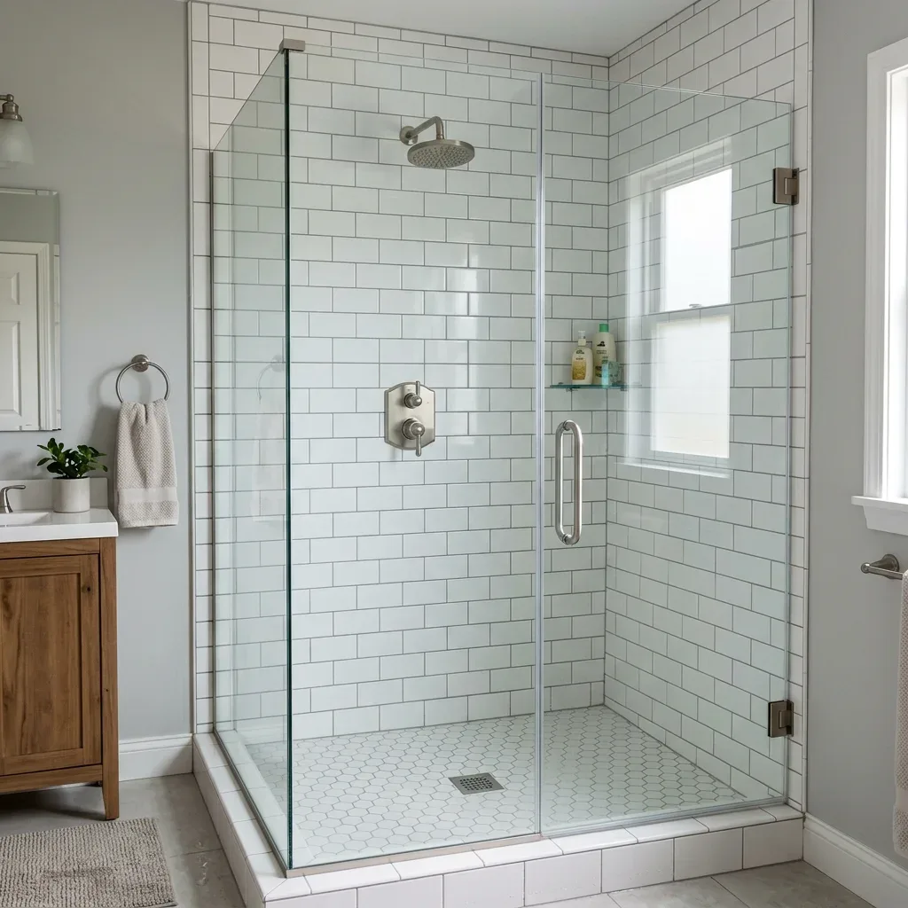 Finished walk-in shower with glass enclosure, wall-mounted showerhead and tiled floor