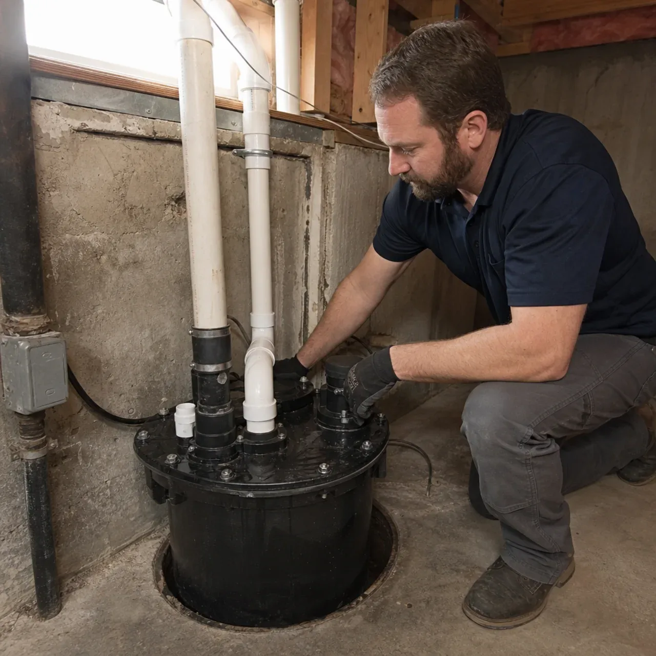 Plumber inspecting a sealed sewage ejector basin