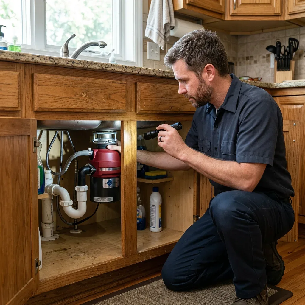 Technician inspecting a kitchen garbage disposal in a charcoal button-front work shirt