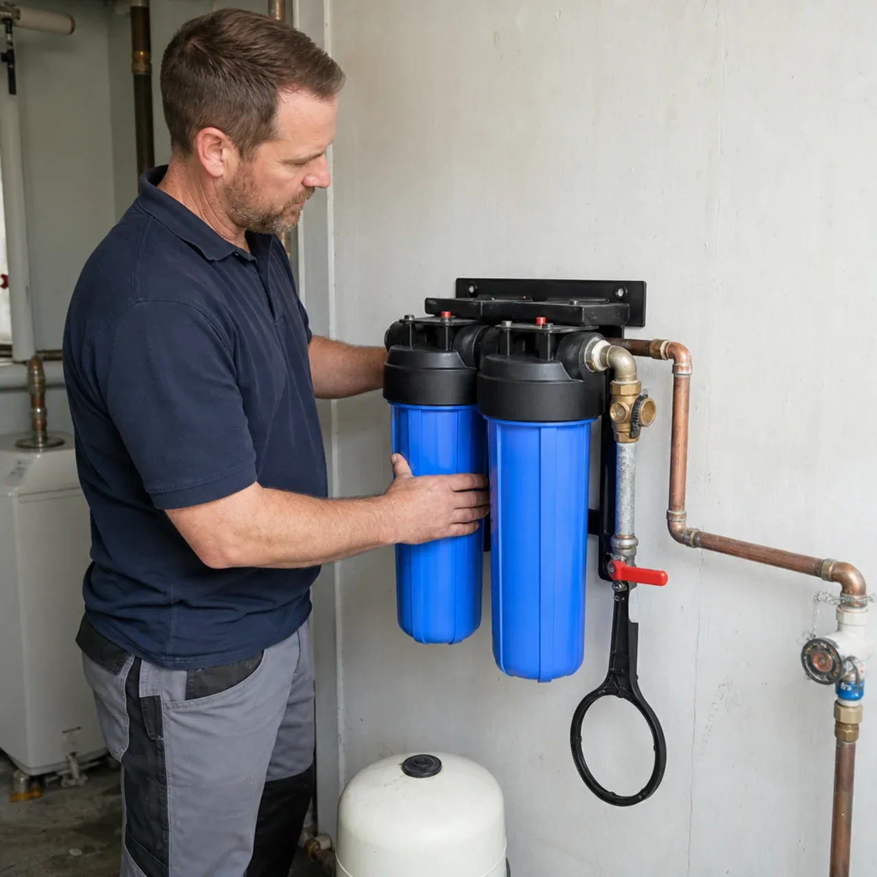 Plumber checking a whole-house water filter