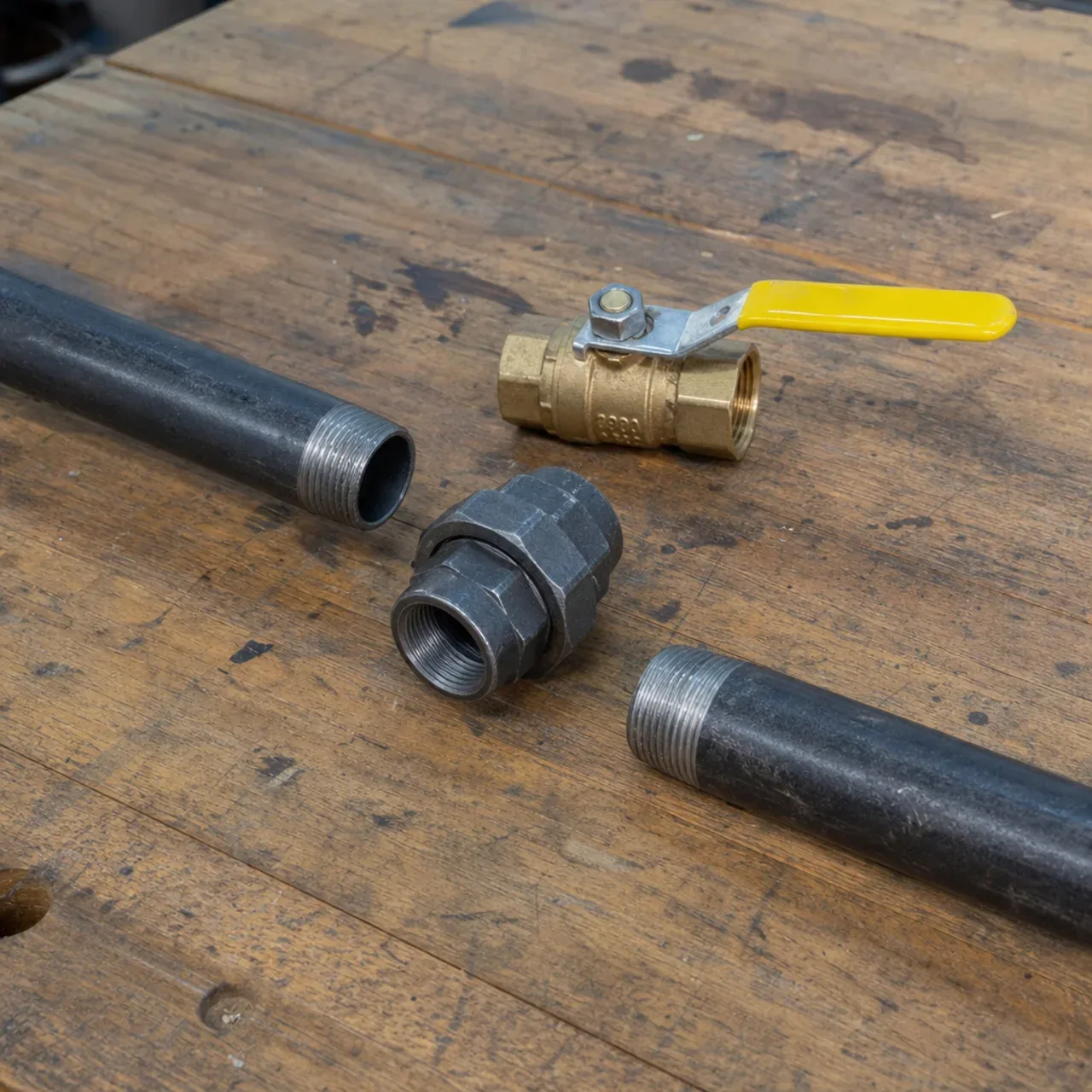 Gas pipe, union and shutoff valve
