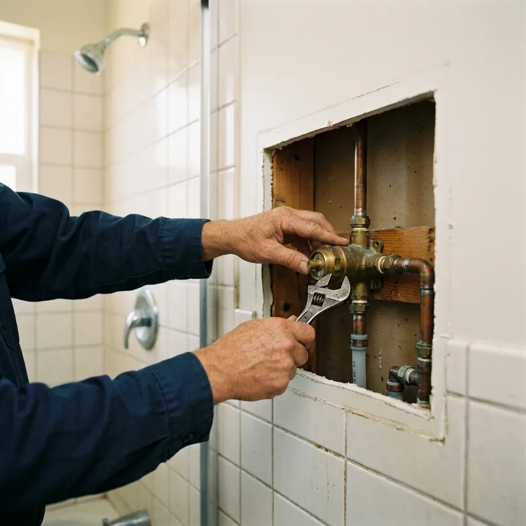 Conceptual service photo of hands adjusting a shower mixing valve behind a bathroom access panel.