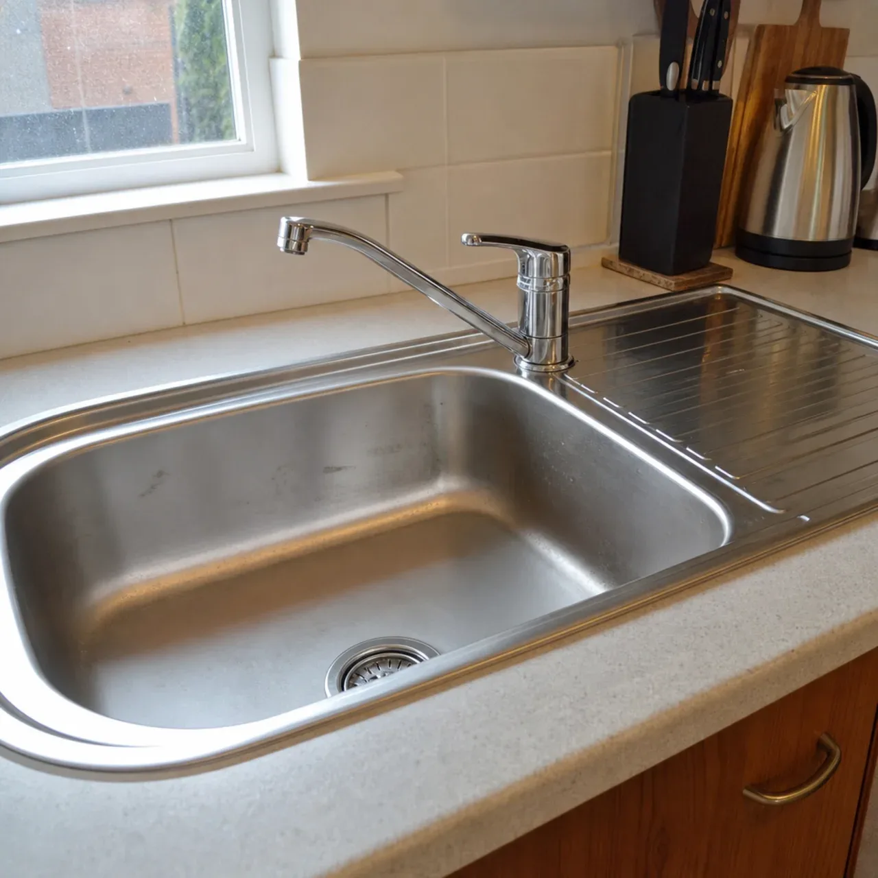 Kitchen sink and chrome faucet