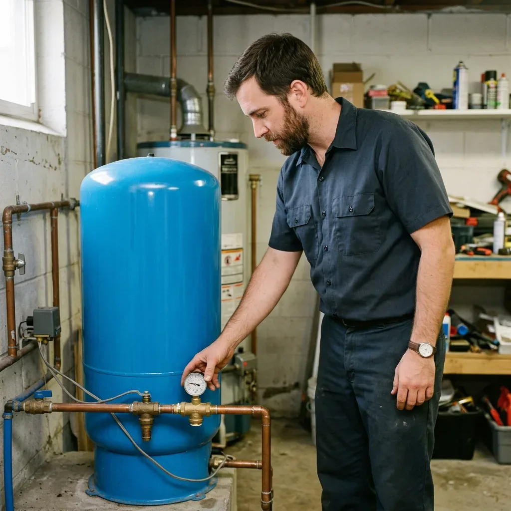 Technician inspecting a well-system pressure tank in a charcoal button-front work shirt