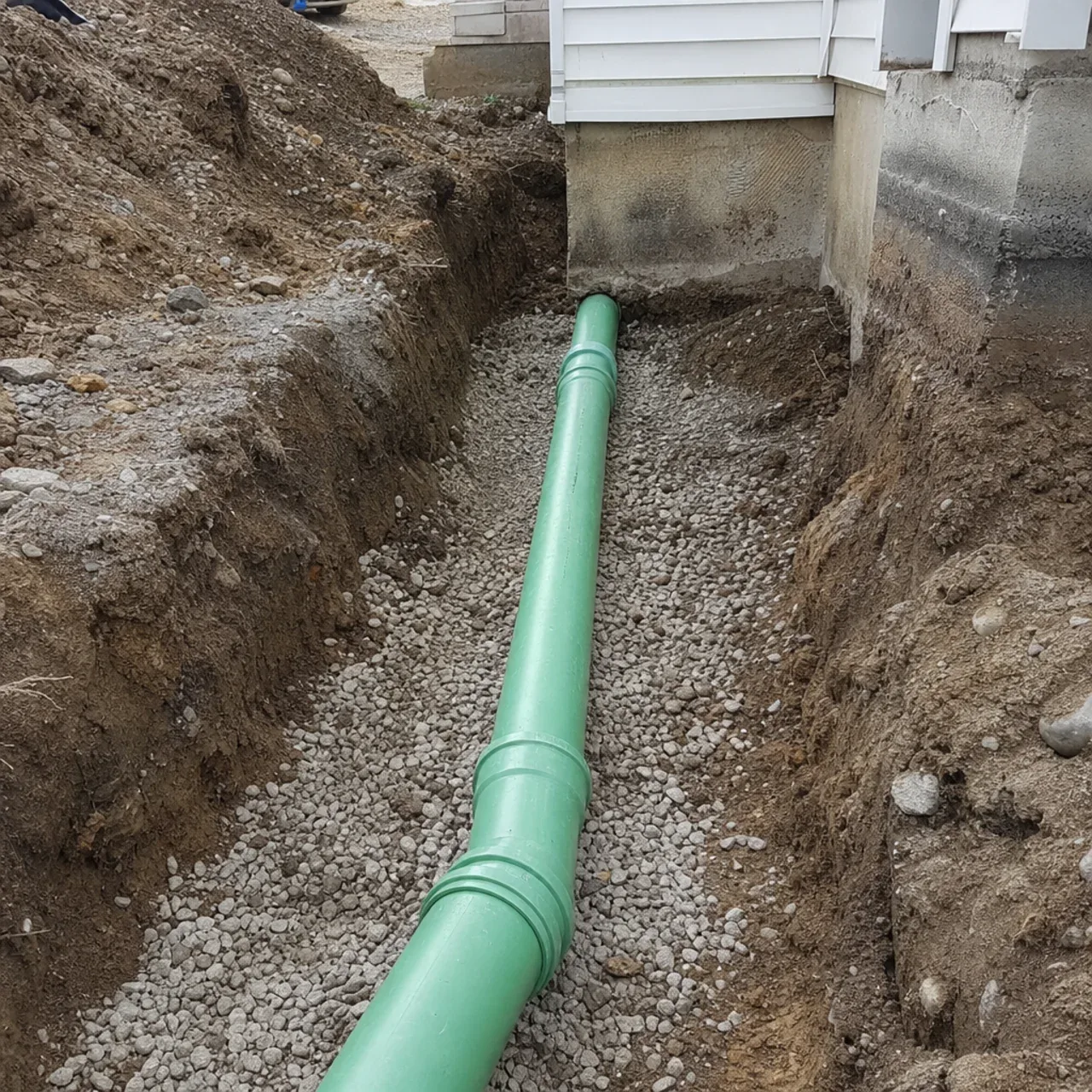 Residential PVC sewer pipe on trench bedding
