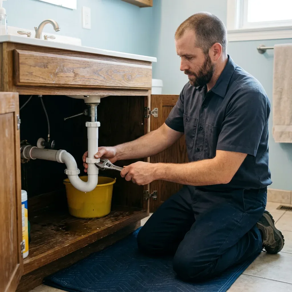Technician inspecting a residential water pressure regulator